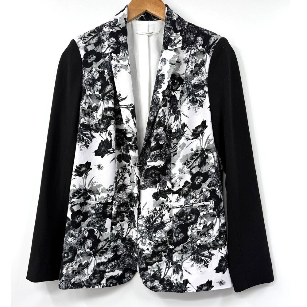 T Tahari Floral Blazer Colorblock Single Button Closure White Black Size 8‎